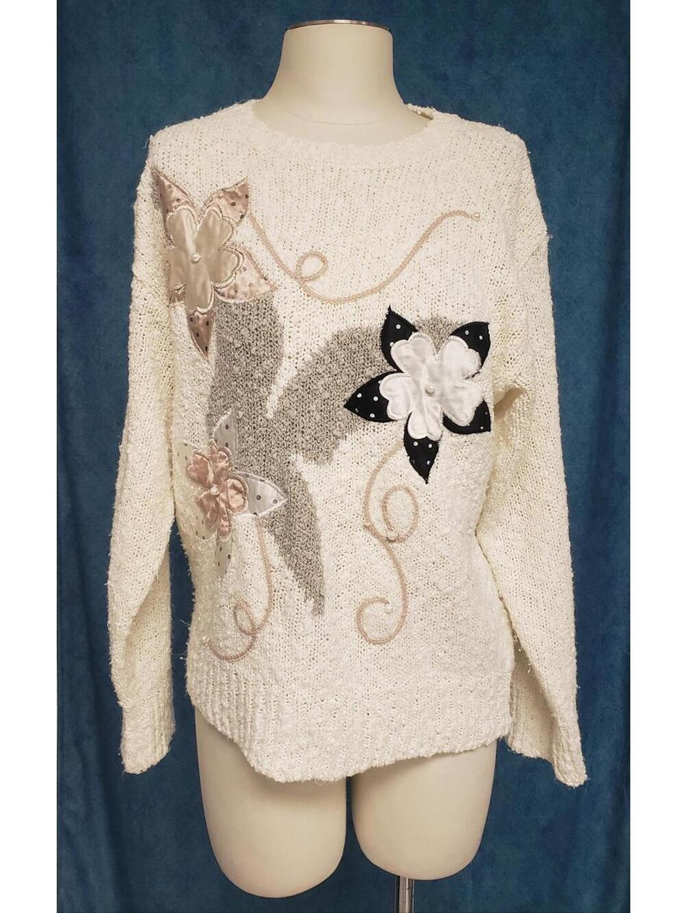 Vintage Honors Women's Ivory Floral Patched Embroidered Knitted Sweater, Sz S